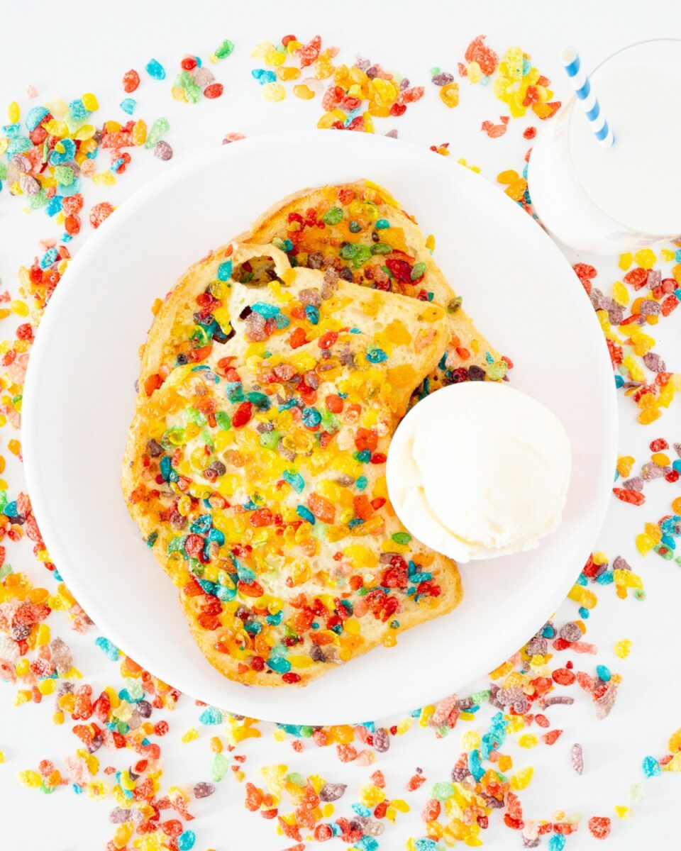 Fruity pebble french toast with ice cream