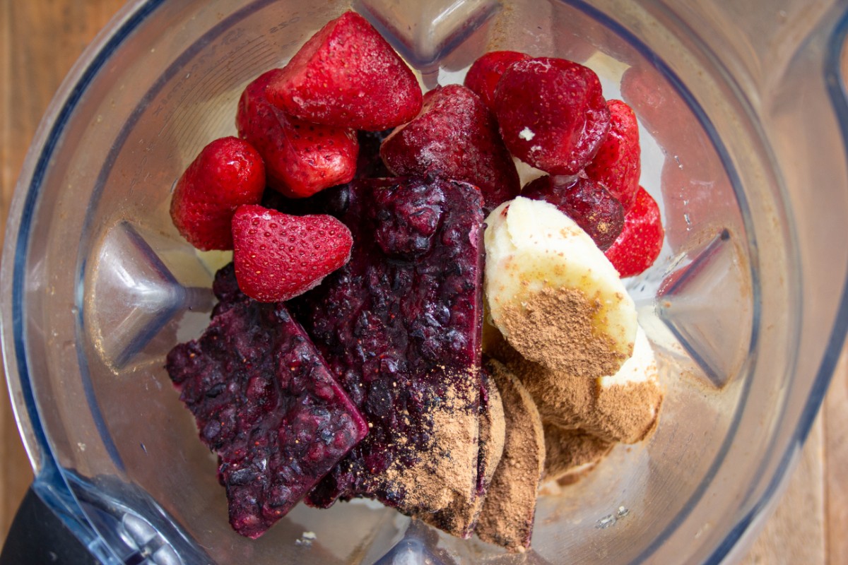 Smoothie ingredients in a blender