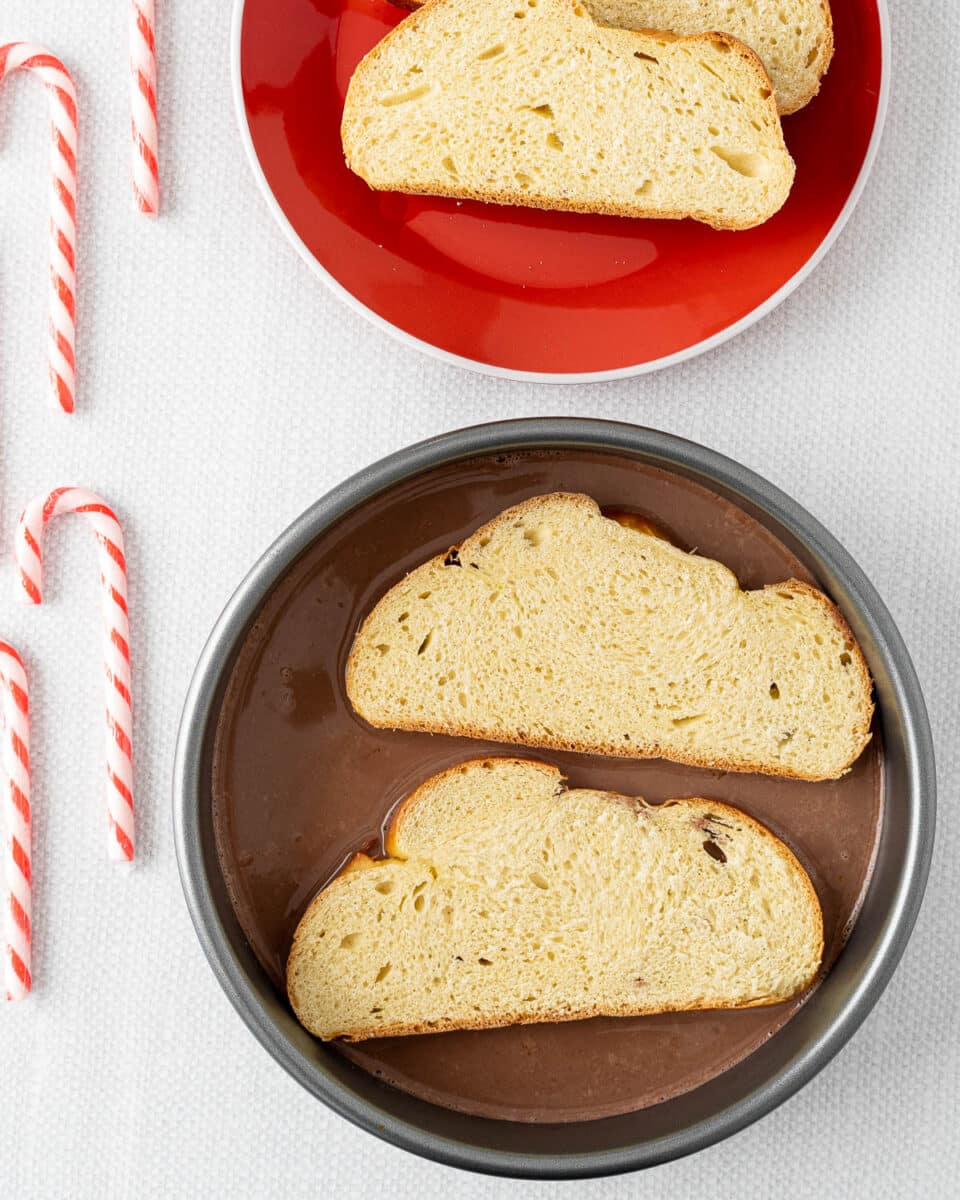 soaking bread to make candy cane french toast