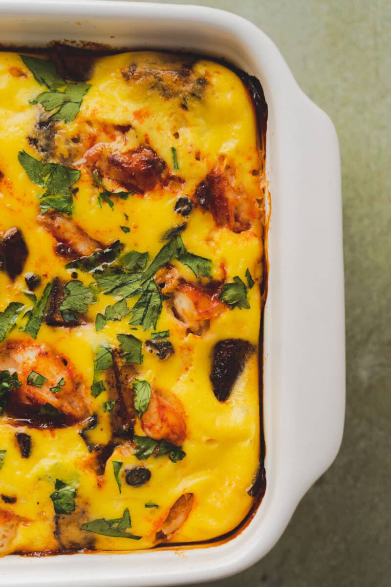 shrimp frittata in baking dish