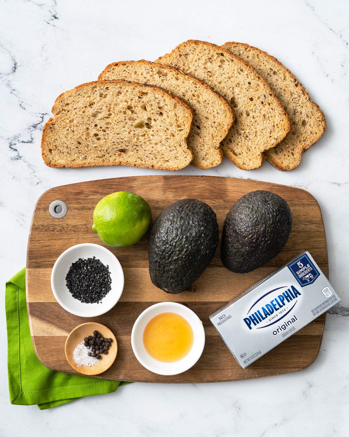 ingredients to make avocado cream cheese toast